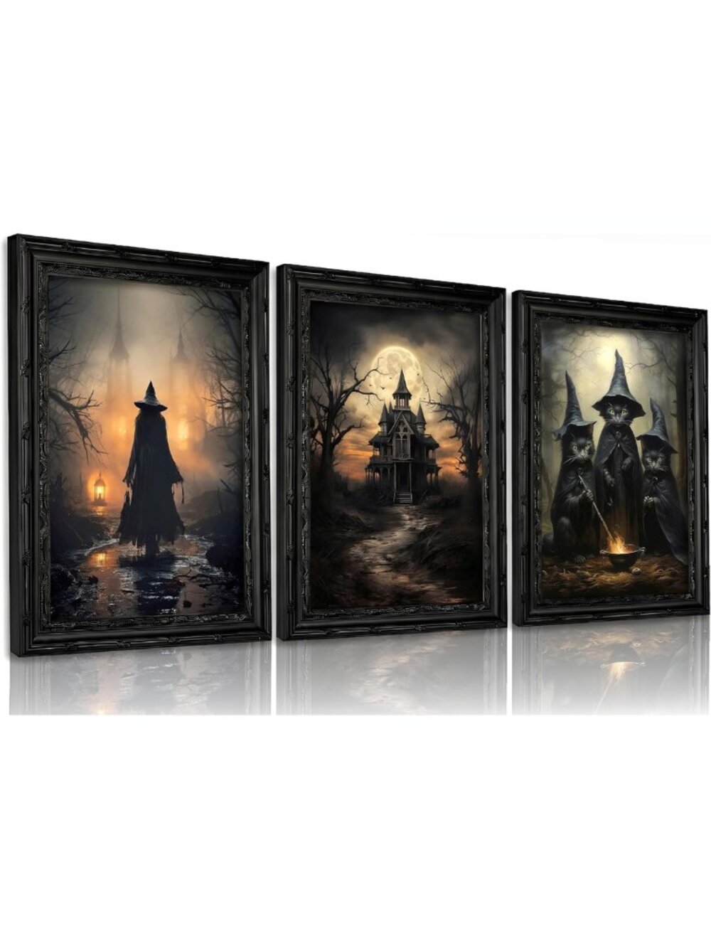 3Pcs Black Framed Halloween Canvas Art - Dark Academia Witch, Cat & Castle Decor